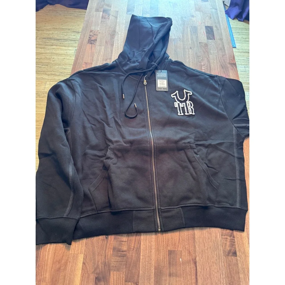 True Religion Mens Rib Stitch Dept Boxy Zip Up Hoodie Jet Black 109816 XXXL NEW
